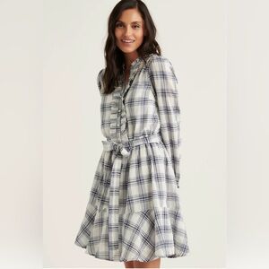 Lucky Brand Cotton Navy & White Plaid Mini Dress with Ruffles Size Med NWT